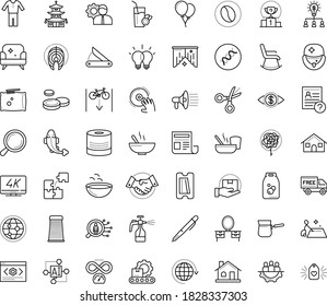 Thin outline vector icon set with dots - competition vector, Spray bottle, hr solutions, questions, Collaborative idea, AI Pattern, Pen, Magnifier, Scissors, Sharpener, 4K Streaming, web Development