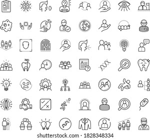 Thin outline vector icon set with dots - quarantine vector, panic, wash hands, muscle pain, avoid contacts, sneezing, cough, Human Resources, hr department, planning, consulting, policies, questions