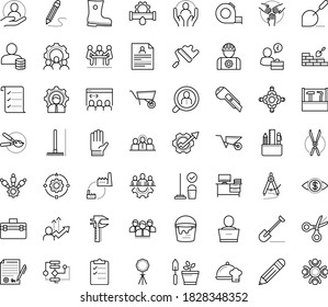 Thin outline vector icon set with dots - teamwork vector, Shovel, Rake, Wheelbarrow, Gardening scissors, Rubber boots, Garden gloves, pruner, permanent recruitment, resume, Plumbing service, Pencil