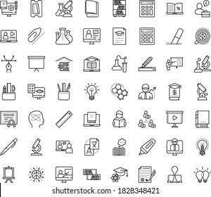 Thin Outline Vector Icon Set With Dots - Translation Service Vector, ELearning, Distance Learning, Exam, Interactive Course, Online Training, Video, Teacher, Asynchronous, Electronic Book, Coaching