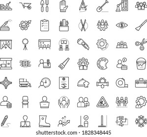 Thin outline vector icon set with dots - teamwork vector, Shovel, Rake, Wheelbarrow, Gardening scissors, Hand saw, Rubber boots, Garden hose, gloves, tools, referral, Plumbing service, Cleaning