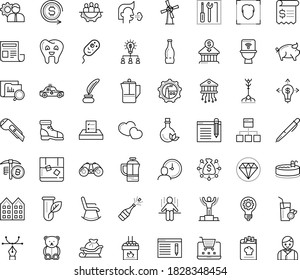 Thin outline vector icon set with dots - cough vector, santa sleigh, champagne, teddy bear, winner, SEO copywriting, Business opportunity, Collaborative idea, Pen, Cutter knife, Inkwell, curve, love