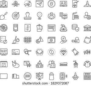 Thin outline vector icon set with dots - chills vector, disinfect, Christmas bell, Distance Exam, Video training, Online tutorial, Stapler, Streaming service, Developer, coding, testing, Target