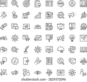 Thin outline vector icon set with dots - growth vector, hr department, Electrical service, SEO, copywriting, Search engine, Audience targeting, Cost per click, Digital marketing, Creative campaign