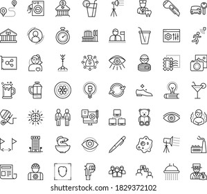 Thin outline vector icon set with dots - chills vector, teddy bear, vision, Car rental, Photo services, User, Blended Learning, Pen, Cutter knife, website optimization, Stamps collecting, worker