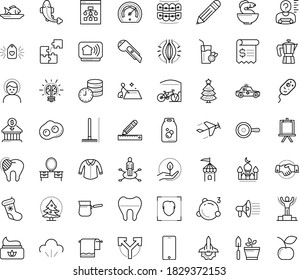 Thin outline vector icon set with dots - headache vector, muscle pain, Christmas, tree, stocking, winner, Rake, area of specialization, Pencil, and ruler, Cutter knife, Bandwidth, Easel, Puzzle, pan