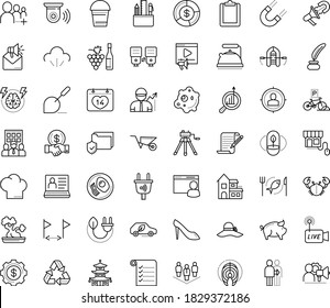 Thin outline vector icon set with dots - Winemaking vector, Wheelbarrow, Bucket, hr software, Mail marketing, research, Video, Copywriting, Business Company, Brain storm, Clipboard, Livestream, hat
