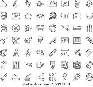Thin outline vector icon set with dots - Scythe vector, Wheelbarrow, Watering can, Hand saw, Garden hose, service, Electronics repair, Productivity, Paperclip, Pin, Stapler, Cutter knife, Compasses