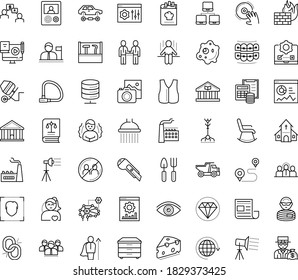 Thin outline vector icon set with dots - chills vector, avoid contacts, vision, Gardening tools, Photo services, Website optimization, Blended Learning, Deep, Cutter knife, statistics, testing, DJ