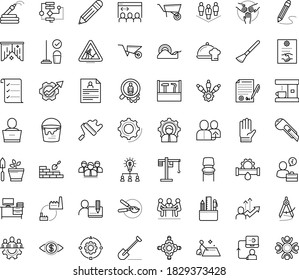 Juego de iconos vectoriales de contorno delgado con puntos - vector de trabajo en equipo, pala, flecha de ruedas, manguera de jardín, guantes, podadora, derivación, servicios hr, currículum, servicio de fontanería, limpieza, idea colaborativa, algoritmo