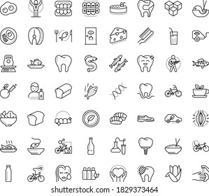 Thin outline vector icon set with dots - muscle pain vector, stay hydrated, champion, Guitar playing, sneakers, Fish, Salad, seafood, breakfast, vegetarian, bread, Bike Child seat, pet trailer, eel