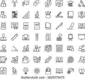 Thin outline vector icon set with dots - resume vector, Translation service, eLearning, Computer Based Training, Interactive Course, Online, Video, Distance teacher, Asynchronous Learning, Blended
