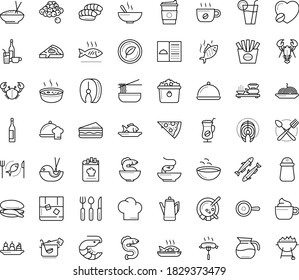 Thin outline vector icon set with dots - restaurant menu vector, starters, Soup, Fish, main dish, chef, Pasta, Pizza, drinks, sandwich, seafood, vegetarian, mussel, steak, sardine, eel, lobster, pan