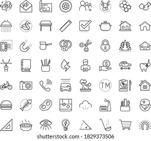 Thin outline vector icon set with dots - elk vector, Car wash service, Trademark, Stationery, Scissors, Vision, Property plan, Drawing tools, curve pen, Photography, Stamps collecting, Origami, Bike