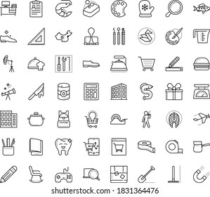 Thin outline vector icon set with dots - Santa gloves vector, Shovel, Rake, hr policies, electronic Book, Stationery, Pencil, Magnifier, and ruler, Scotch tape, Binder clip, commerce solutions, gift