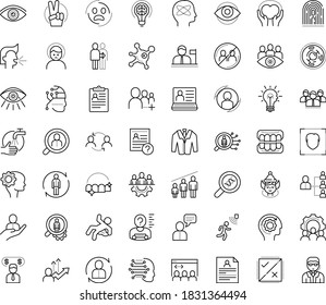 Thin outline vector icon set with dots - panic vector, headache, wash hands, avoid contacts, sneezing, elf, victory, teamwork, vision, Human Resources, hr department, planning, consulting, software