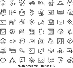 Thin outline vector icon set with dots - SEO vector, Target keywords, Cost per click, Digital marketing, Creative campaign, Social, Video, Computer Based Training, Distance Learning, Exam, Game, 4K