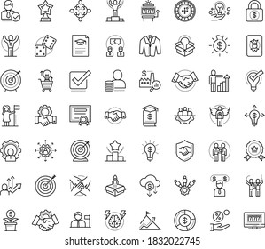 Thin outline vector icon set with dots - achievement vector, winner, reward, champion, goal, career growth, cooperation, successful woman, outsourcing, Ranking, Entrepreneurship, Angel investor, win