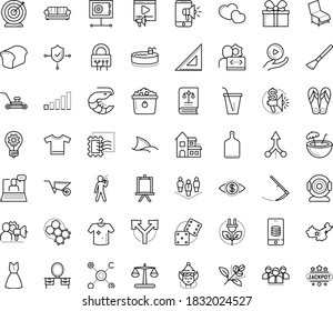 Thin outline vector icon set with dots - elf vector, goal, innovation, Scythe, Lawnmower, Wheelbarrow, Mobile marketing, budget, Video, Webinar, Web Camera, Streaming service, Developer, Easel, love