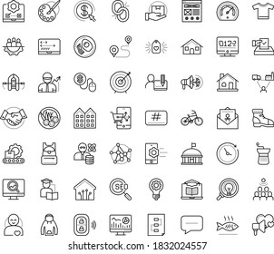 Thin outline vector icon set with dots - Web analytics vector, SEO monitoring, Pay per click, Distance Learning, Self, Audience, Bandwidth, coding, app development, wireframe, testing, Target, house