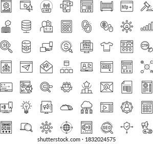 Thin outline vector icon set with dots - SEO vector, Search engine, Landing page, Video marketing, Ranking, Cost per click, Pay, Blog management, analytics, Website optimization, training, software