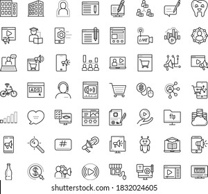 Thin outline vector icon set with dots - self isolation vector, SEO copywriting, Video marketing, Target keywords, Mobile, Pay per click, Affiliate, Distance Learning, Exam, training, Asynchronous
