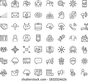 Thin outline vector icon set with dots - self isolation vector, Human Resources, Translation service, SEO copywriting, Search engine, Video marketing, Spam, Web Link, Creative campaign, Email, VPN