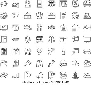 Thin outline vector icon set with dots - self isolation vector, medical mask, angel, Gardening tools, Translation service, Team building, Pencil, Board stand, Video maker, 4K Streaming, deadline