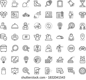 Thin outline vector icon set with dots - chills vector, disinfect, santa sleigh, angel, Christmas bell, winner, innovation, Garden hose, Spray bottle, hr software, Disinfection service, Keyword