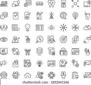 Thin outline vector icon set with dots - successful woman vector, vision, Translation service, SEO copywriting, Mail marketing, analytics, Data mining, Web Camera, responsive design, services, coach