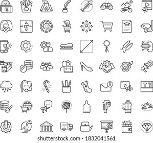 Thin outline vector icon set with dots - wash hands vector, christmas stocking, candy cane, Delivery service, Mobile marketing, Spam, Video, Presentation, Productivity, Machine learning, Stationery