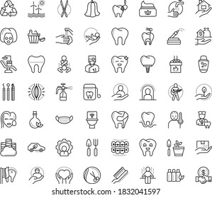 Thin outline vector icon set with dots - quarantine vector, fever, medical mask, wash hands, muscle pain, Gardening scissors, Garden hose, tools, Spray bottle, babysitting service, Real estate, hat