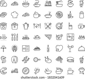 Thin outline vector icon set with dots - restaurant menu vector, starters, Fish, main dish, Pasta, Pizza, seafood, chicken, vegetarian, dating, mussel, steak, sardine, eel, oyster, shrimp, caviar