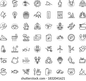 Thin outline vector icon set with dots - elk vector, holly, Plant, fertilizer, seeds, Garden service, Aquarium, Fishing, Gardening, Camping, vegetarian, flower basket, dove, bouquet, Seafood, eel