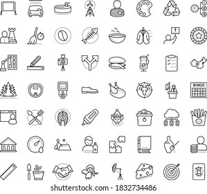 Thin outline vector icon set with dots - stay hydrated vector, elf, hr strategy, Car wash service, Priority, Pencil and ruler, Marker, palette, Puzzle, Hunting, Gardening, Man shoes, Construction