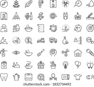 Thin outline vector icon set with dots - disinfect vector, santa, champagne, Winemaking, Spray bottle, hr planning, Small business, Autonomous, AI Robot, Pencil and ruler, Scissors, Marker, Audience