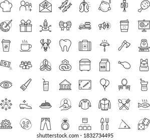 Thin outline vector icon set with dots - panic vector, festive bow, holly, vision, Hand saw, Gardening tools, area of specialization, link building, Graphic tablet, Painting, jeans, blouse, jacket