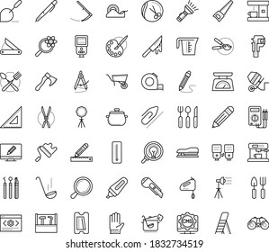 Thin outline vector icon set with dots - Scythe vector, Gardening scissors, Hand saw, Garden gloves, tools, pruner, Hairdressing salon, Electronics repair, Paperclip, Pen, Pencil, Magnifier, Stapler