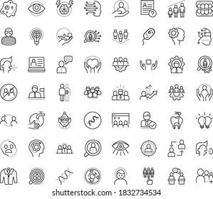 Thin outline vector icon set with dots - panic vector, headache, wash hands, avoid contacts, sneezing, cough, elf, teamwork, hr consulting, software, permanent recruitment, employee relations, suit