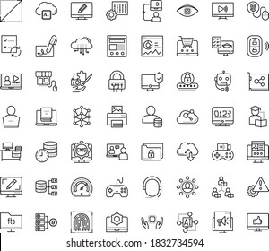 Juego de iconos vectoriales de contorno delgado con puntos - Lanzamiento vectorial de página, Diseño web, Pago por clic, Examen a distancia, Curso interactivo, Formación de vídeo, Aprendizaje asincrónico, Autoedición, biblioteca en línea, Patrón de IA, tv