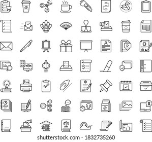 Thin outline vector icon set with dots - resume vector, Copywriting, Distance Exam, Priority, Paperclip, Pen, Board stand, Folder, Eraser, Clipboard, Pin, Envelope, Scissors, Scotch tape, deadline