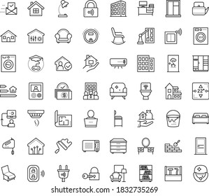 Thin outline vector icon set with dots - stay home vector, Real estate service, Game based Learning, Business Company, Table lamp, Property plan, Construction, brickwork, paint roller, tools, bucket