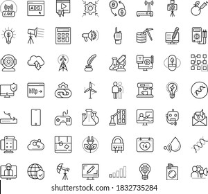 Thin outline vector icon set with dots - innovation vector, Laundry service, Electronics repair, Webdesign, Social campaign, Email marketing, Video, Online Training, Distance teacher, Clustering