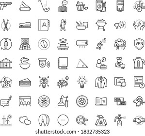 Thin outline vector icon set with dots - Gardening scissors vector, Spray bottle, human Resour es, hr questions, Electronics repair, Search engine, Social campaign, eLearning, Business Company, Idea