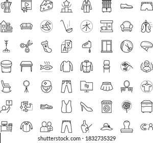 Thin outline vector icon set with dots - chills vector, christmas stocking, referral, Translation service, Hairdressing salon, Ranking, Video marketing, Algorithm, Scissors, Origami, Clothes, woman