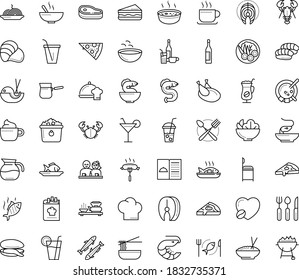 Thin outline vector icon set with dots - restaurant menu vector, Soup, Fish, chef dish, Beverage, Pasta, Pizza, Salad, drinks, sandwich, seafood, chicken, dating, mussel, steak, sardine, eel, oyster