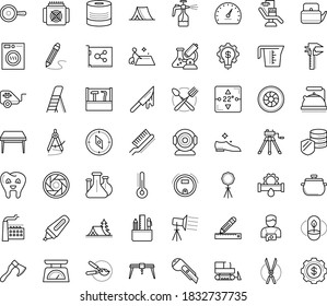 Thin outline vector icon set with dots - Gardening scissors vector, Garden pruner, Spray bottle, Plumbing service, Idea, Pencil and ruler, Marker, Cutter knife, Web Camera, Drawing tools, Sketching