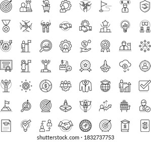 Thin outline vector icon set with dots - success vector, achievement, winner, attainment, award, champion, goal, career growth, medal, successful woman, outsourcing, employee relations, hr strategy