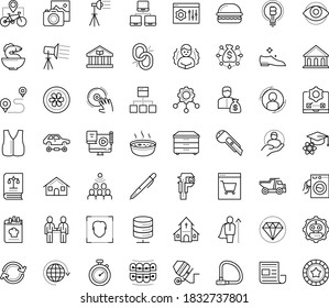 Thin outline vector icon set with dots - chills vector, Photo services, User, Blended Learning, Investor, Pen, Cutter knife, Audience, website optimization, testing, DJ, vest, concrete mixer, Tipper