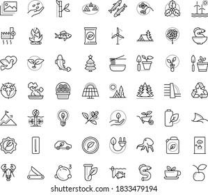 Thin outline vector icon set with dots - christmas tree vector, holly, Gardening, Plant, fertilizer, seeds, Garden service, Hunting, Camping, vegetarian, flower basket, rose, dove, Seafood, sardine
